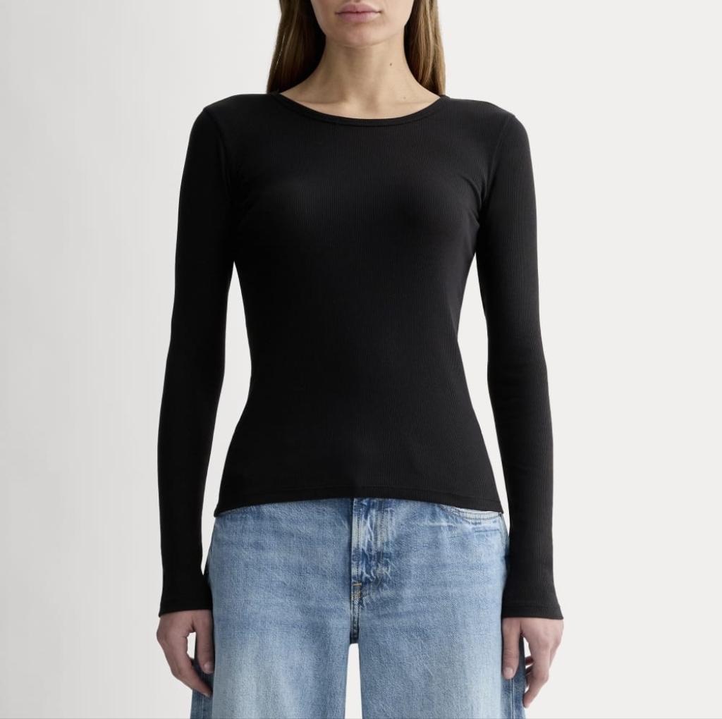 Everlane Shirt Womens Black Supima Micro Luxe Rib Long Sleeve Crew Tee Pima